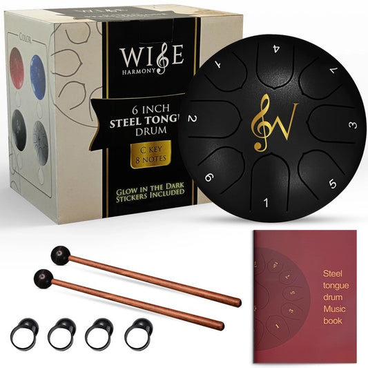 Wise Harmony steel tongue drum set with packaging, drum, mallets, and music book on a white background