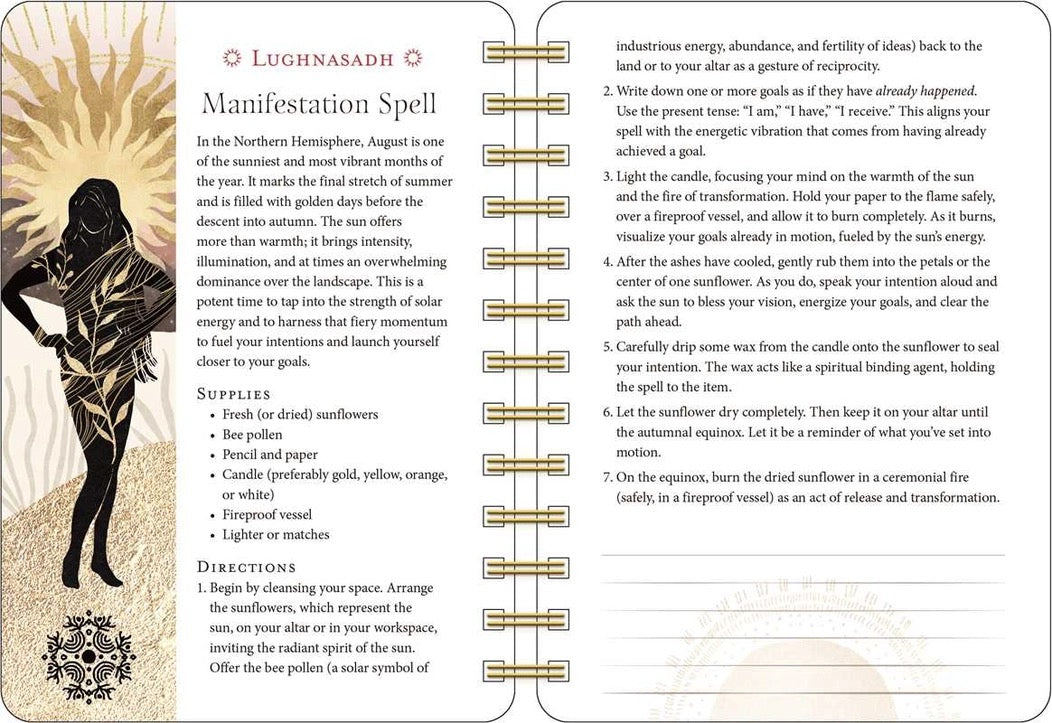 Witchcraft spellbook page with Lughnasadh manifestation spell details.