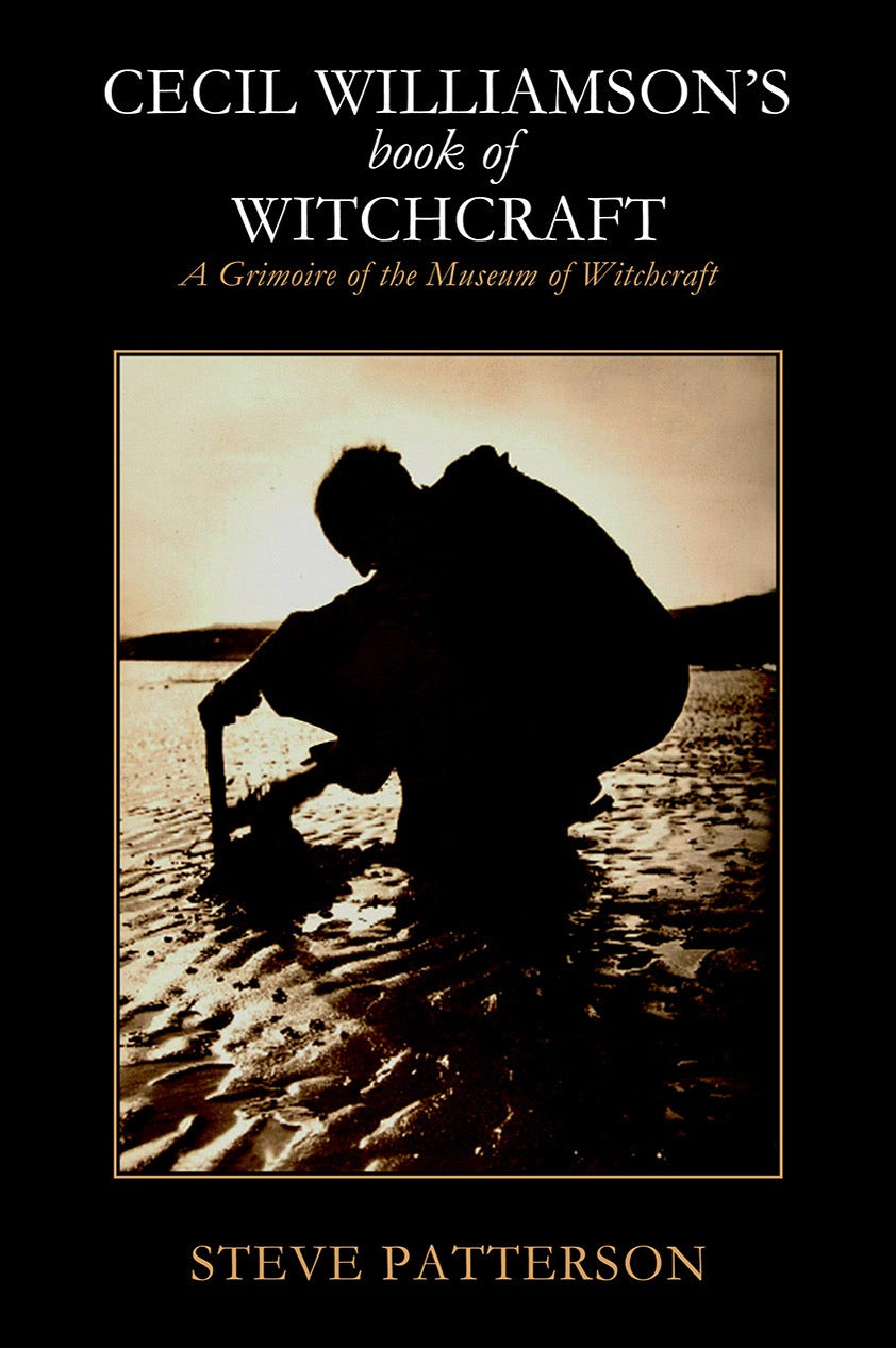 Book cover of 'Cecil Williamson's book of Witchcraft' with a silhouette of a person by a lake.
