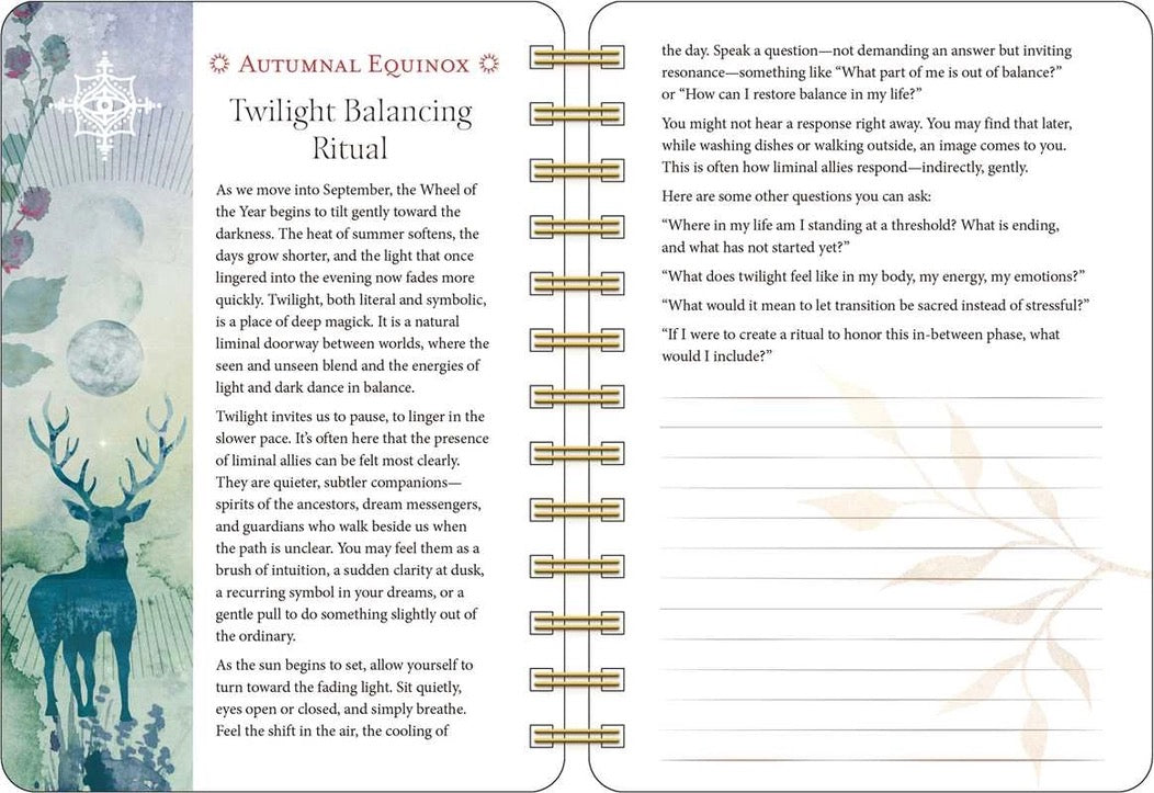 A printed ritual card or booklet page titled 'Autumn Equinox' with the subtitle 'Twilight Balancing Ritual,' showing a left panel with decorative illustration and text, and a right panel with additional text and small decorative borders.