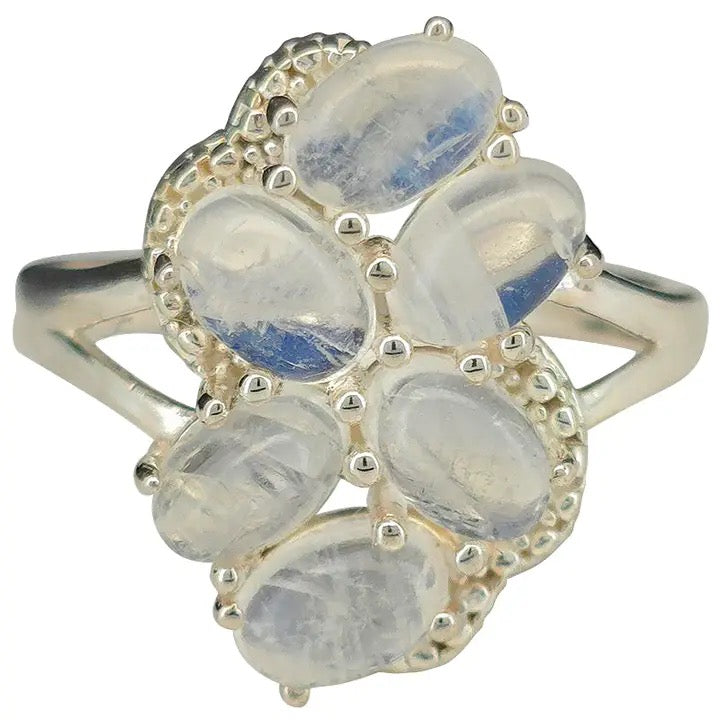 Ring Moonstone Cluster silver on white background