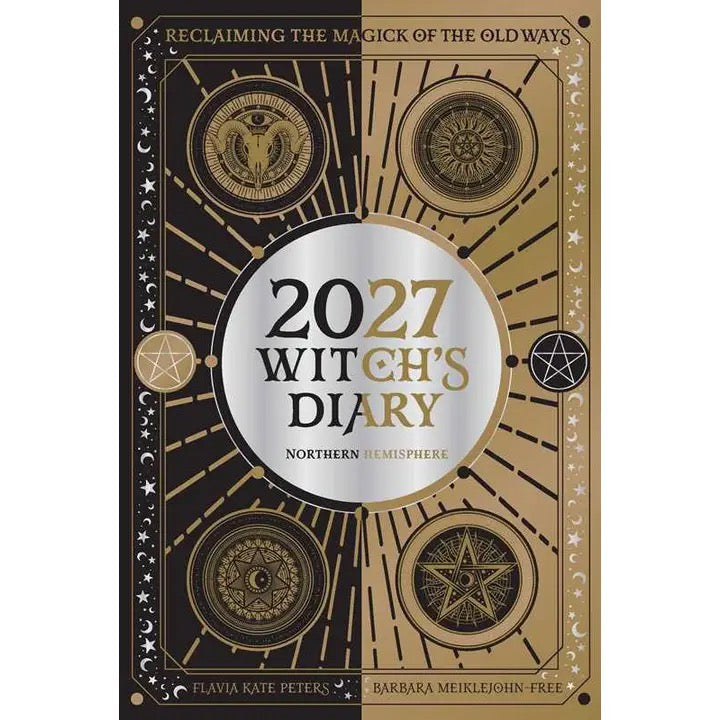 Front cover of the 2027 Witch's Diary by Northern Hemisphere, featuring a mystical gold and black design with celestial symbols and a central silver-white circle containing the title.