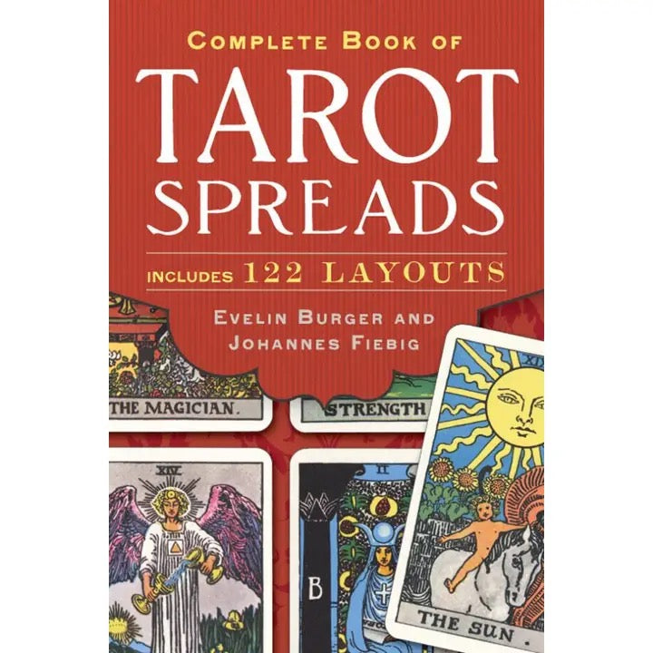 Book cover of 'Complete Book of Tarot Spreads' with tarot card illustrations on a red background