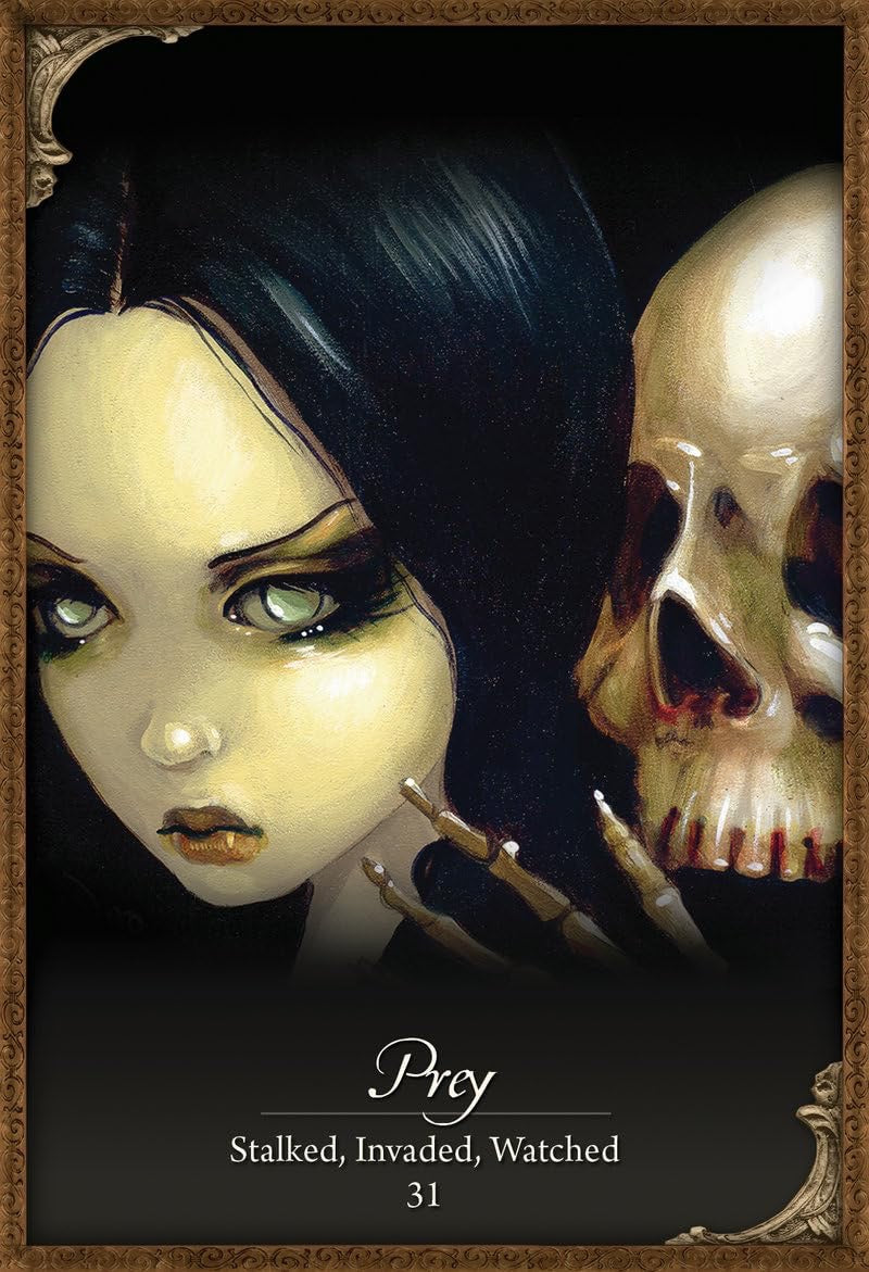 Artistic depiction of a doll with dark hair and green eyes, next to a skull, on a dark background.