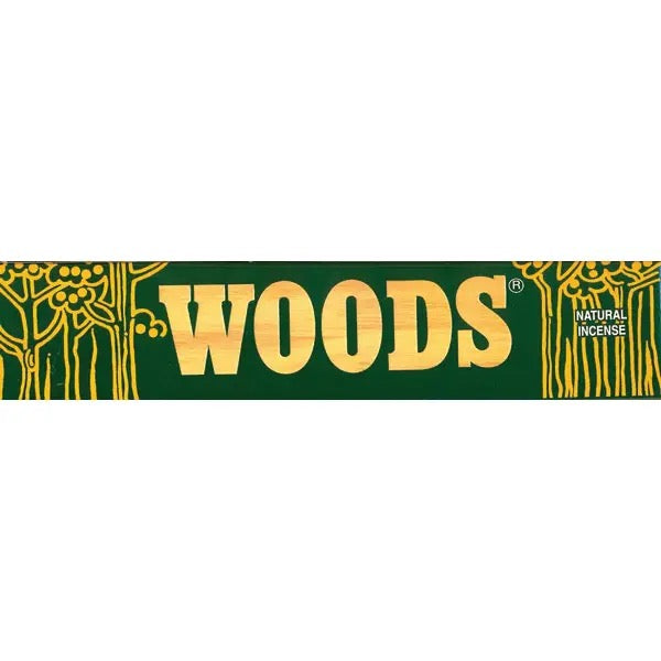 Woods natural incense packaging with green and gold design on a white background