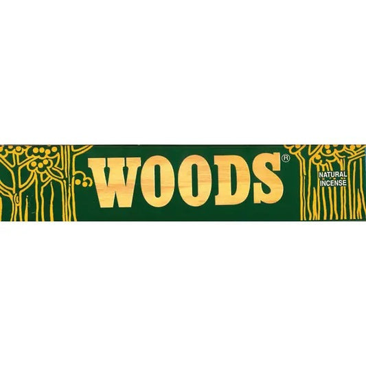 Woods natural incense packaging with green and gold design on a white background
