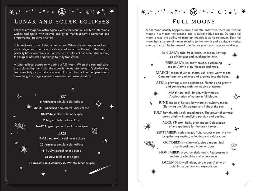 A black and white card displaying information about lunar and solar eclipses for 2027 and 2028, alongside a calendar page listing full moons from January to December.