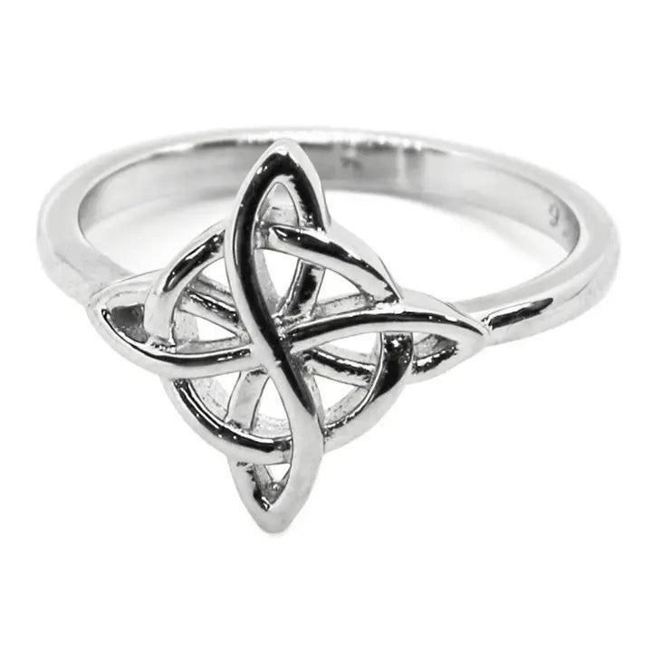 A sterling silver Celtic knot ring with an interlaced triquetra design, shown on a plain white background.