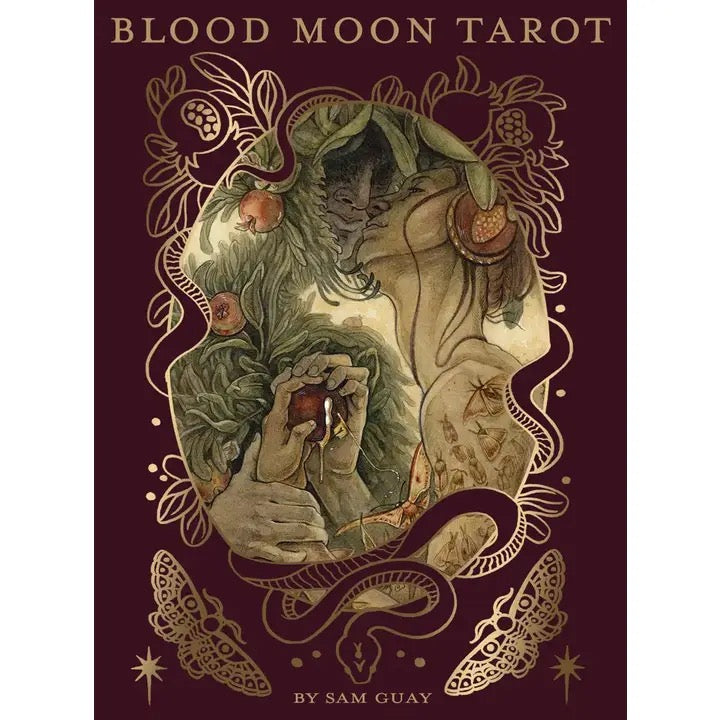 Book cover of 'Blood Moon Tarot' with intricate design and text.