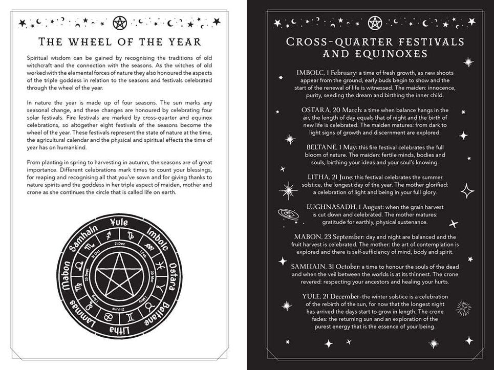 Two pages from a book or magazine about the Wheel of the Year with text and a pentacle symbol.