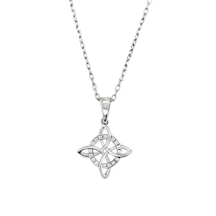 A silver pendant necklace featuring a Celtic knot design with small clear stones, suspended from a delicate silver chain against a plain white background.