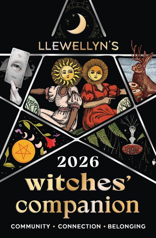 Cover of Llewellyn's 2026 Witches' Companion with various symbols and figures on a black background.