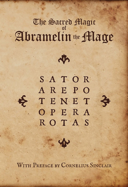 Book cover of 'The Sacred Magic of Abramenlin the Mage' with decorative text and design elements.