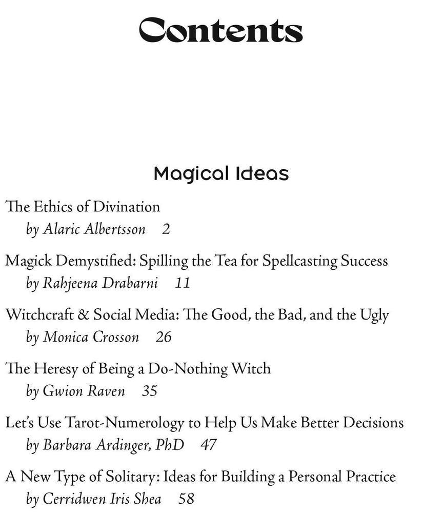 Table of contents for a book or article collection titled 'Magical Ideas' with various topics and authors listed.