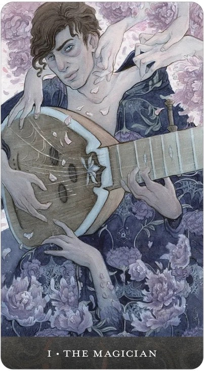 Card featuring a person playing a lyre with floral and mystical design elements.