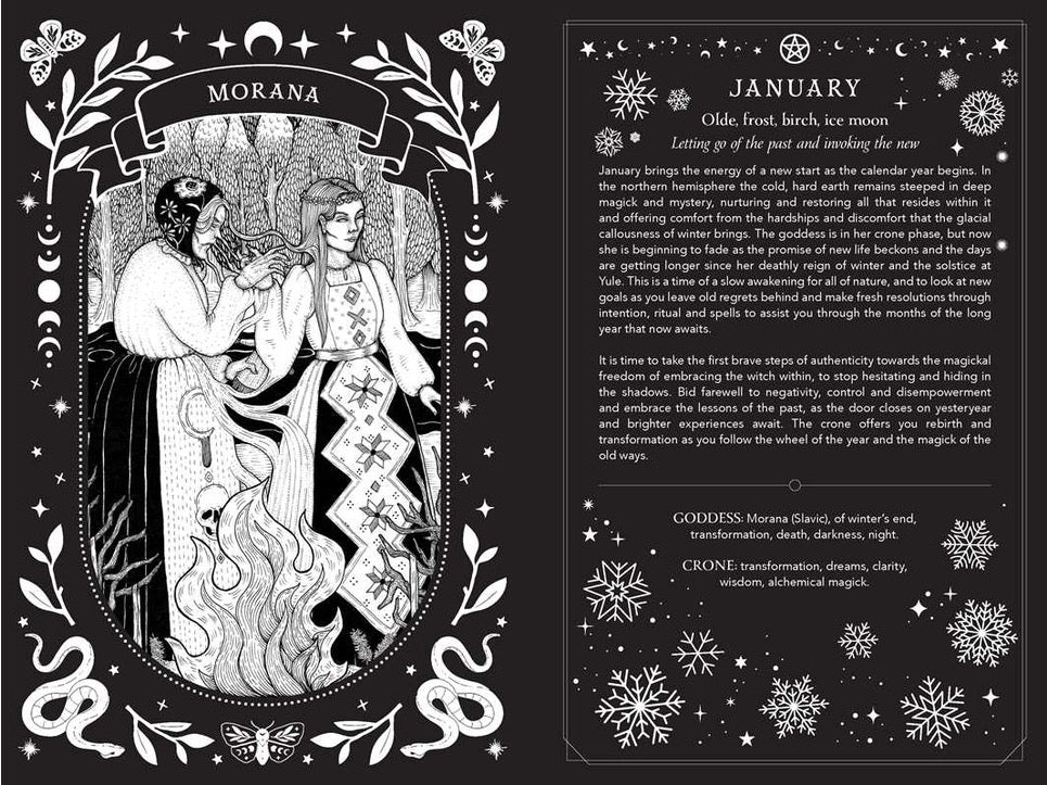 A black and white tarot card illustration for 'Morana' (January) featuring an ornate vintage-style border with moons, stars, and snowflakes. The left panel shows an illustrated woman in a long dress standing before a glowing mirror, while the right panel contains descriptive text about January and winter themes.