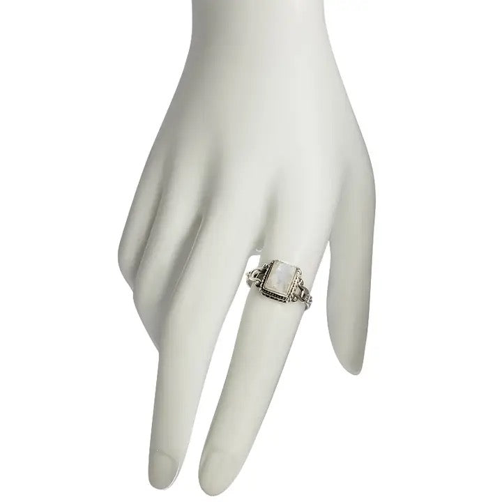 Ring Moonstone Rectangle Filigree on a white background on a hand
