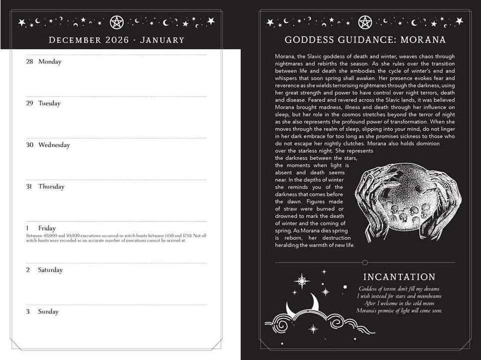Calendar page with Goddess Guidance for Morana, featuring a black and white design.