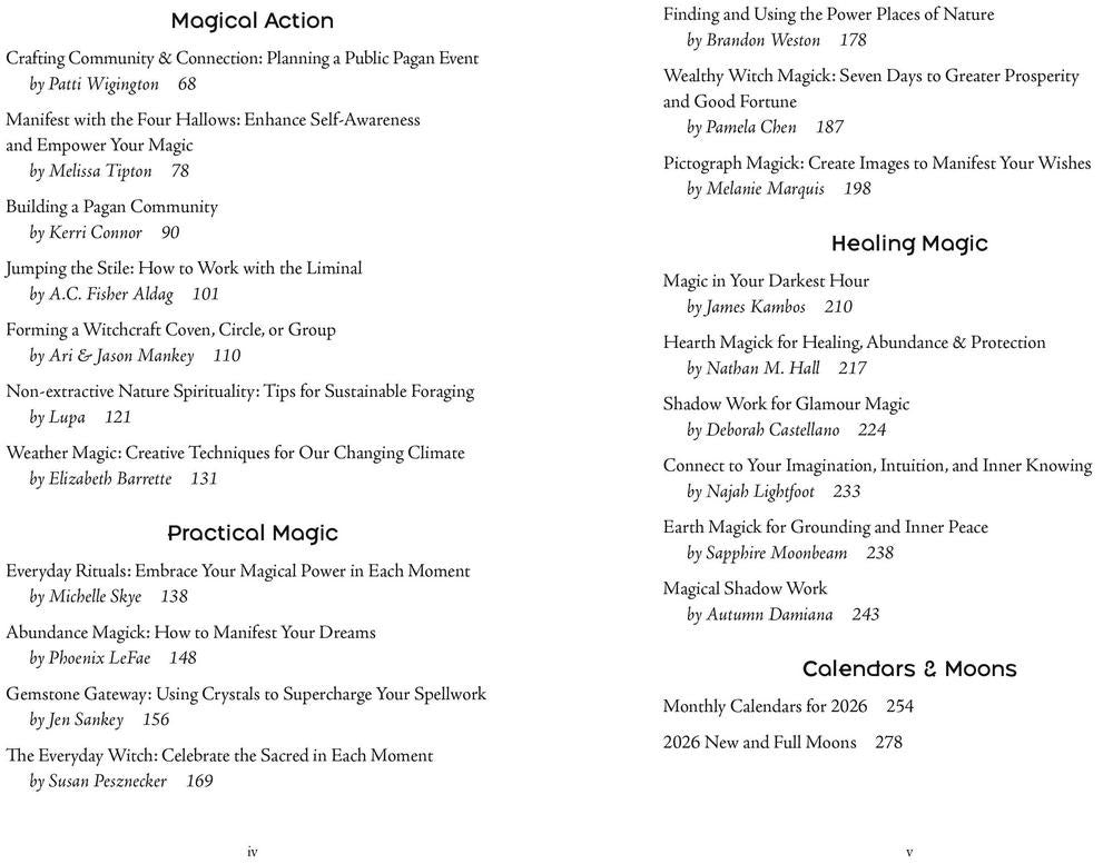 Table of contents for a book on magic, including sections like Magical Action, Healing Magic, Practical Magic, and Calendars & Moons.