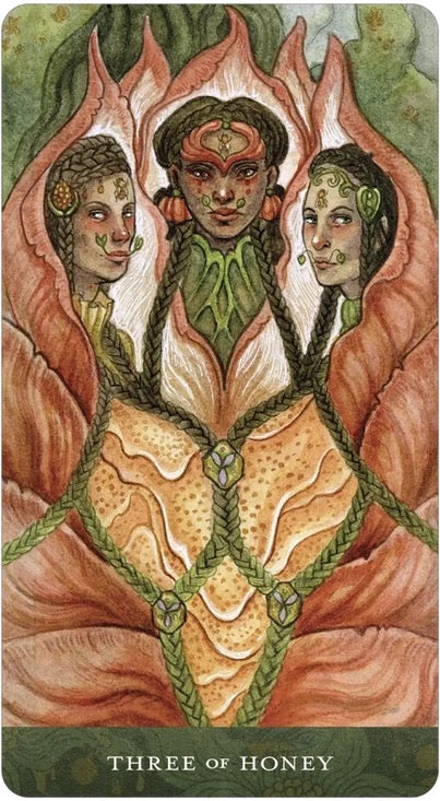 Three women in a tarot card design with 'Three of Honey' text