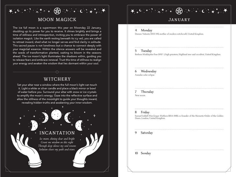 A black-and-white printed calendar or journal spread showing moon-themed cover pages and a January weekly log. The left page has decorative moon illustrations and sections titled Moon Magick, Witchery, and Incantation.
