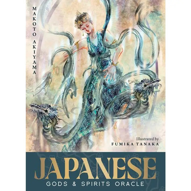 Book cover of 'Japanese Gods & Spirits Oracle' with an illustration of a woman in a dragon costume.