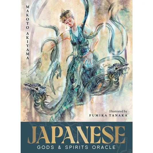 Book cover of 'Japanese Gods & Spirits Oracle' with an illustration of a woman in a dragon costume.