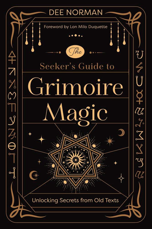 Book cover of 'The Seeker's Guide to Grimoire Magic' with decorative elements and text.