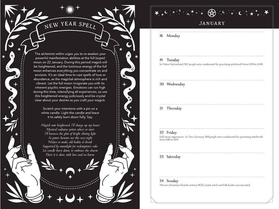 A New Year Spell booklet or card set shown open, with a black-and-white decorative left page featuring a central text panel and illustrated hands holding a candle, and a right page listing days from Monday through Sunday under the heading January.