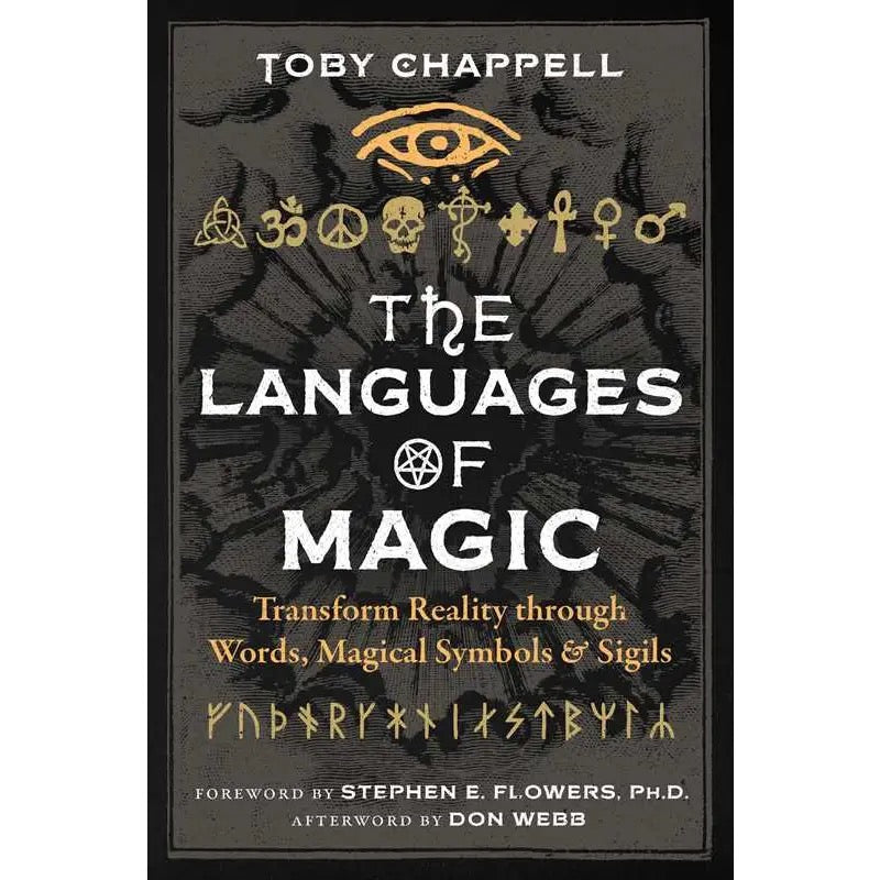Book cover of 'The Languages of Magic' by Toby Chappell with symbols and text on a dark background.