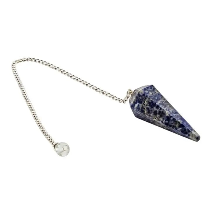 A silver-toned cone pendulum featuring a polished blue and white selenite crystal cone as the main weight, suspended from a delicate silver chain with a small clear crystal bead at the end, shown on a plain white background.