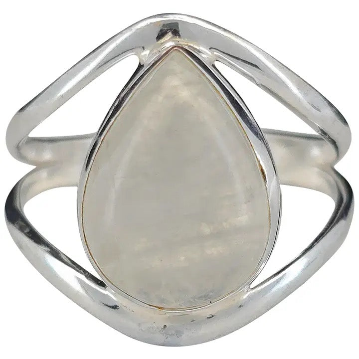 Silver ring with a teardrop-shaped moonstone on a white background