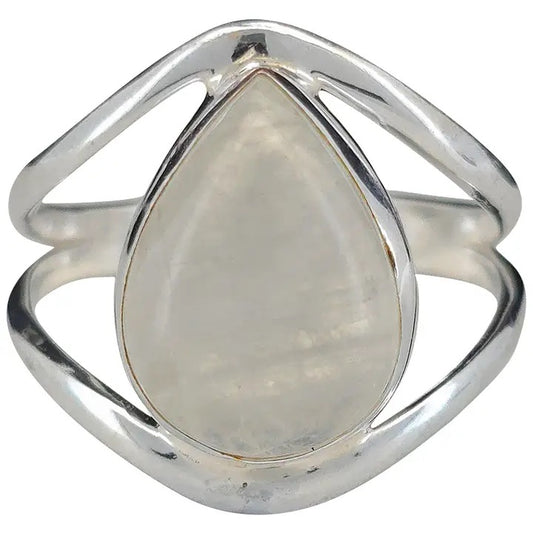 Silver ring with a teardrop-shaped moonstone on a white background