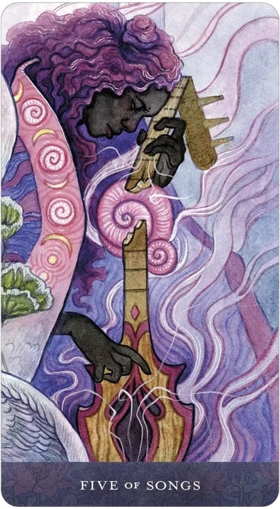 Card from a tarot deck featuring a person with purple hair holding a sword, with swirling patterns and text 'Five of Songs' at the bottom.