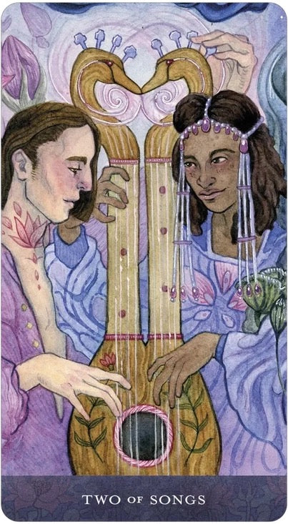 Two people holding a harp with floral elements, labeled 'Two of Songs'.