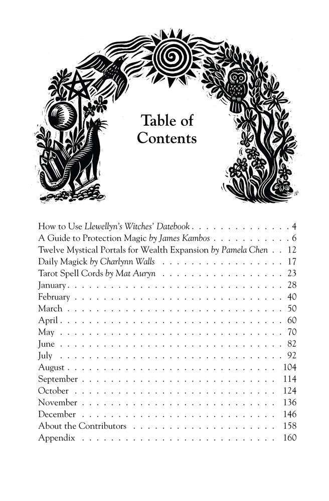 Table of contents for a book with decorative headings and illustrations on a white background
