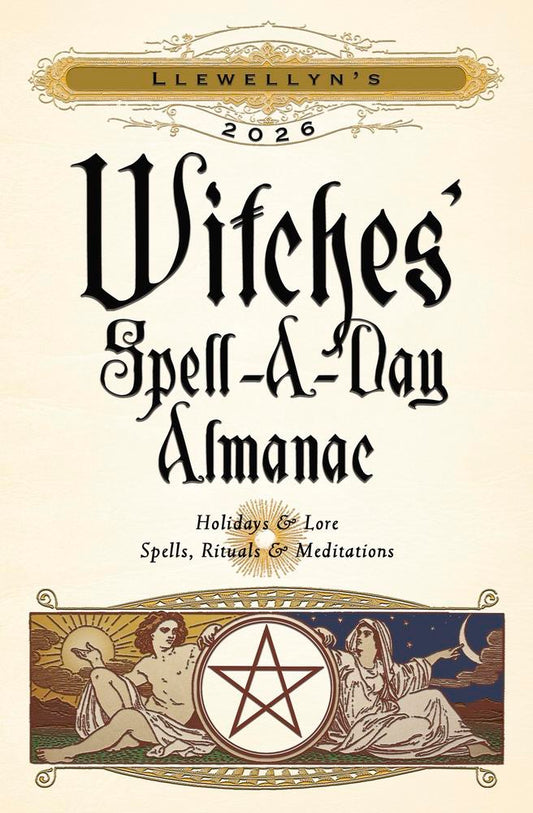 Cover of Llewellyn's 2026 Witches' Spell-A-Day Almanac with decorative elements and text.