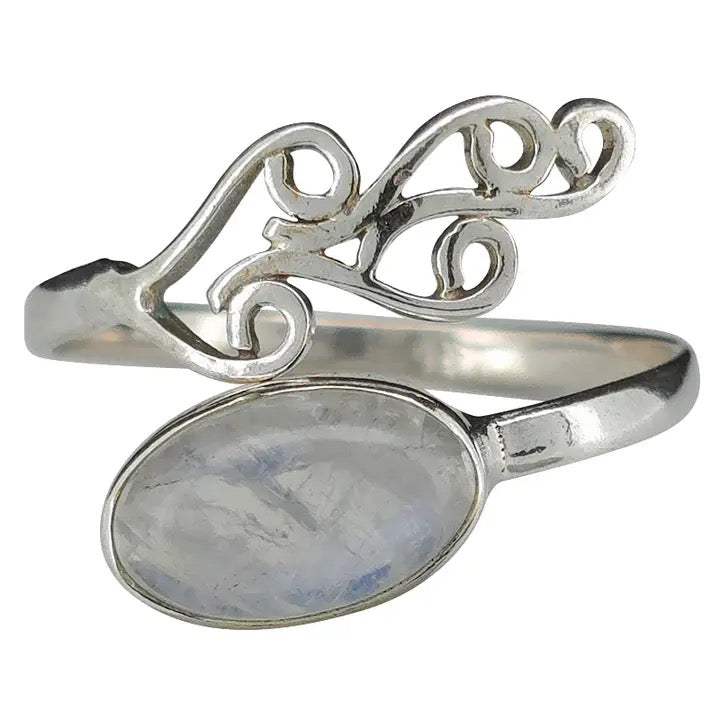Silver ring with an oval stone on a white background