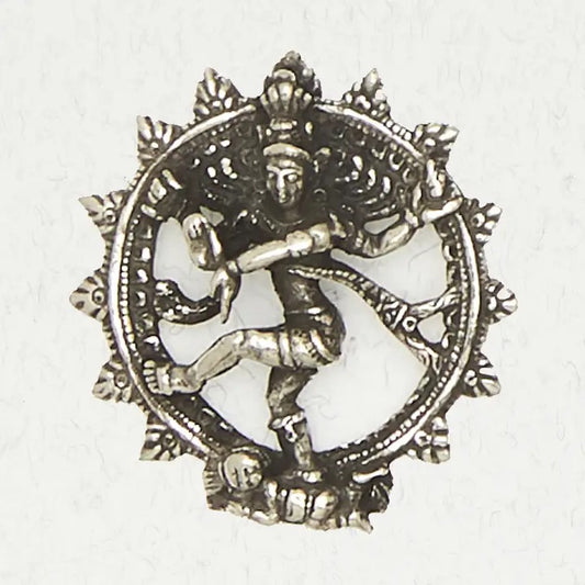 Decorative pewter emblem with a central figure on a white background