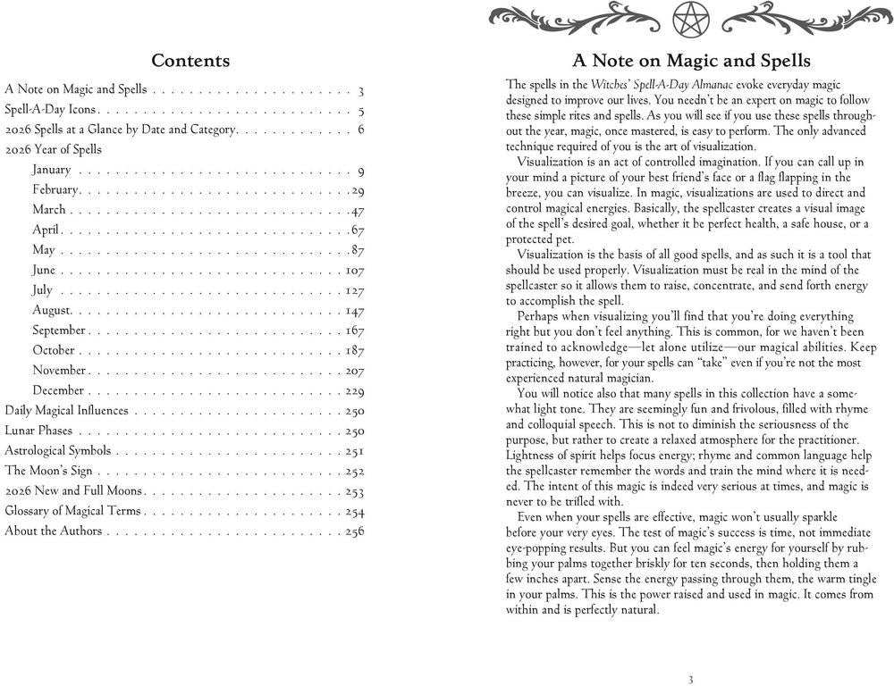 Table of contents for a book on magic and spells with a white background.