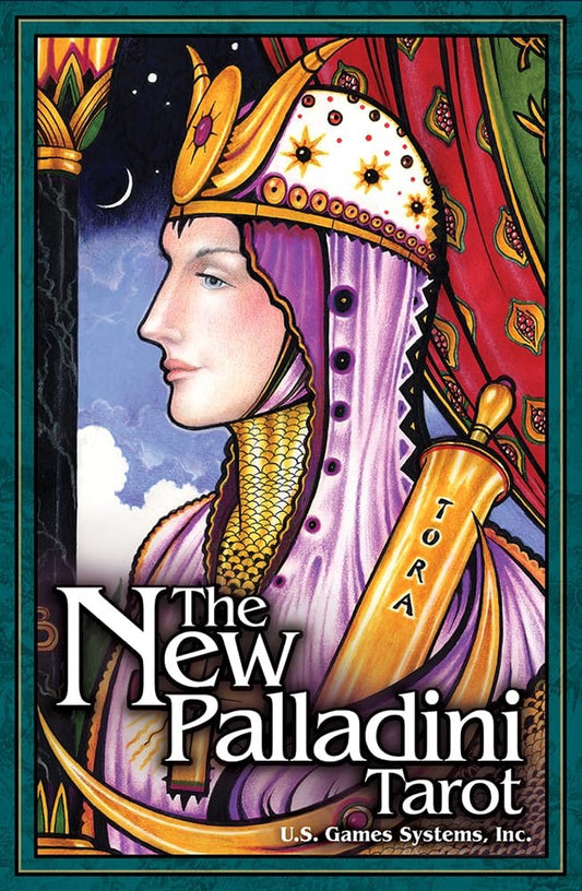 Cover of 'The New Palladini Tarot' with a stylized illustration of a woman in regal attire.