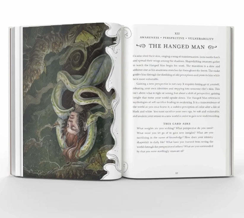 Open book showing a tarot card illustration with a snake and person's head, and text on a white background.