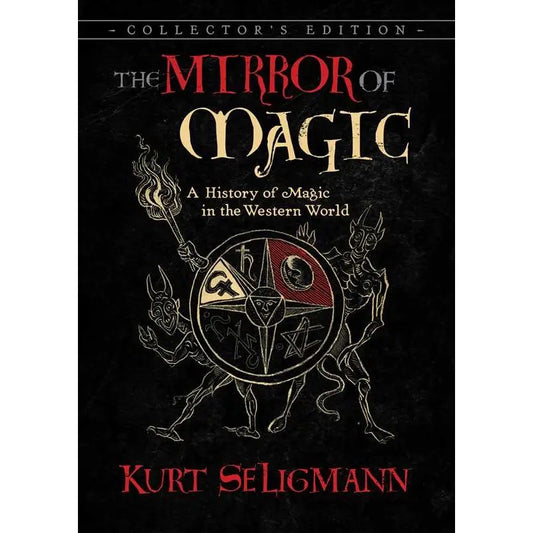 Book cover of 'The Mirror of Magic' by Kurt Seligmann with a black background and magical symbols.