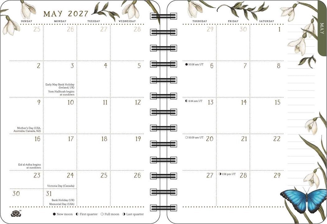A May 2027 planner spread page from a spiral-bound planner, featuring a clean white layout with floral illustrations, a blue butterfly, and black text for daily scheduling and notes.