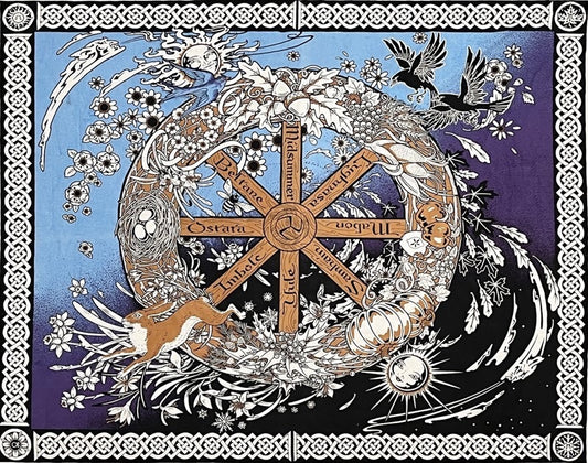 Decorative design with a cross, flowers, and birds on a blue and purple background.