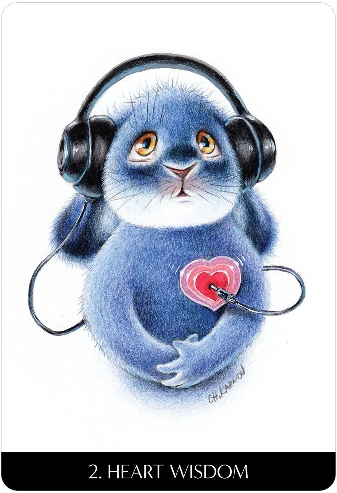 Illustration of a blue creature wearing headphones with a heart-shaped device, on a white background.