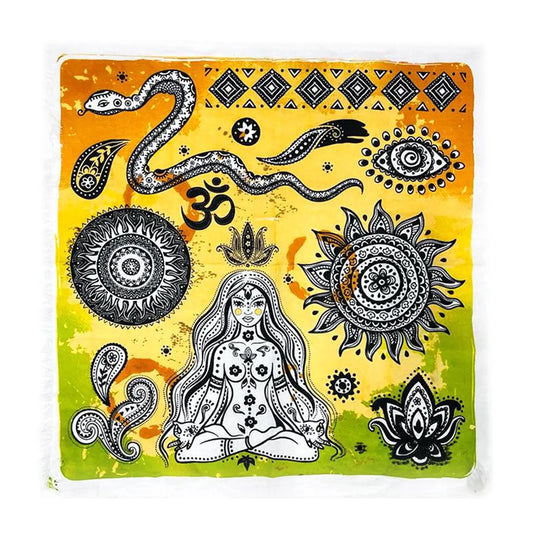 Decorative panel with spiritual symbols and a central figure on a yellow and orange background