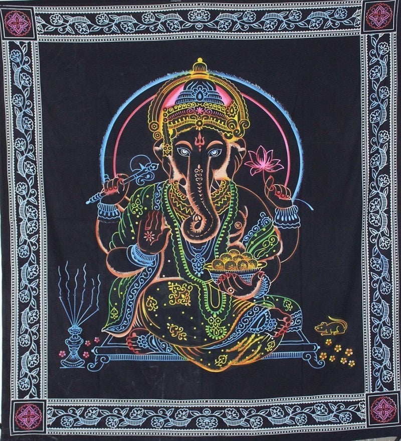 Colorful depiction of a deity with intricate patterns on a black background