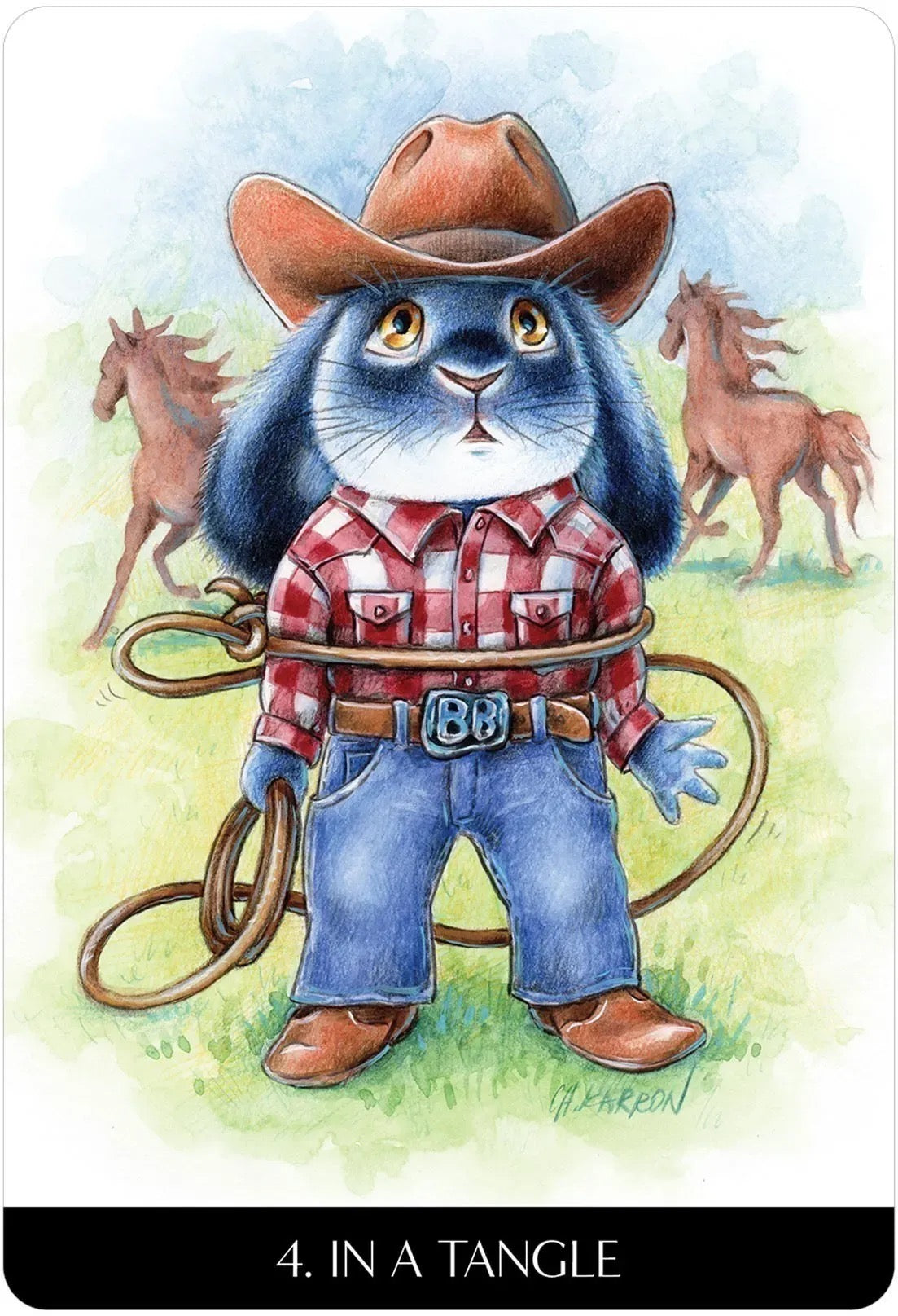 Illustration of a cat in a cowboy outfit with horses in the background