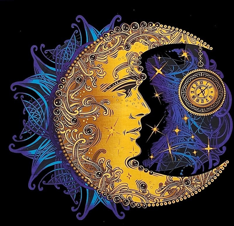 Decorative design of a sun and moon with intricate patterns on a black background